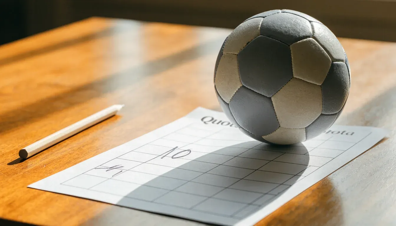 Un pallone da calcio appoggiato su una schedina bianca su un tavolo di legno, alla luce del giorno
