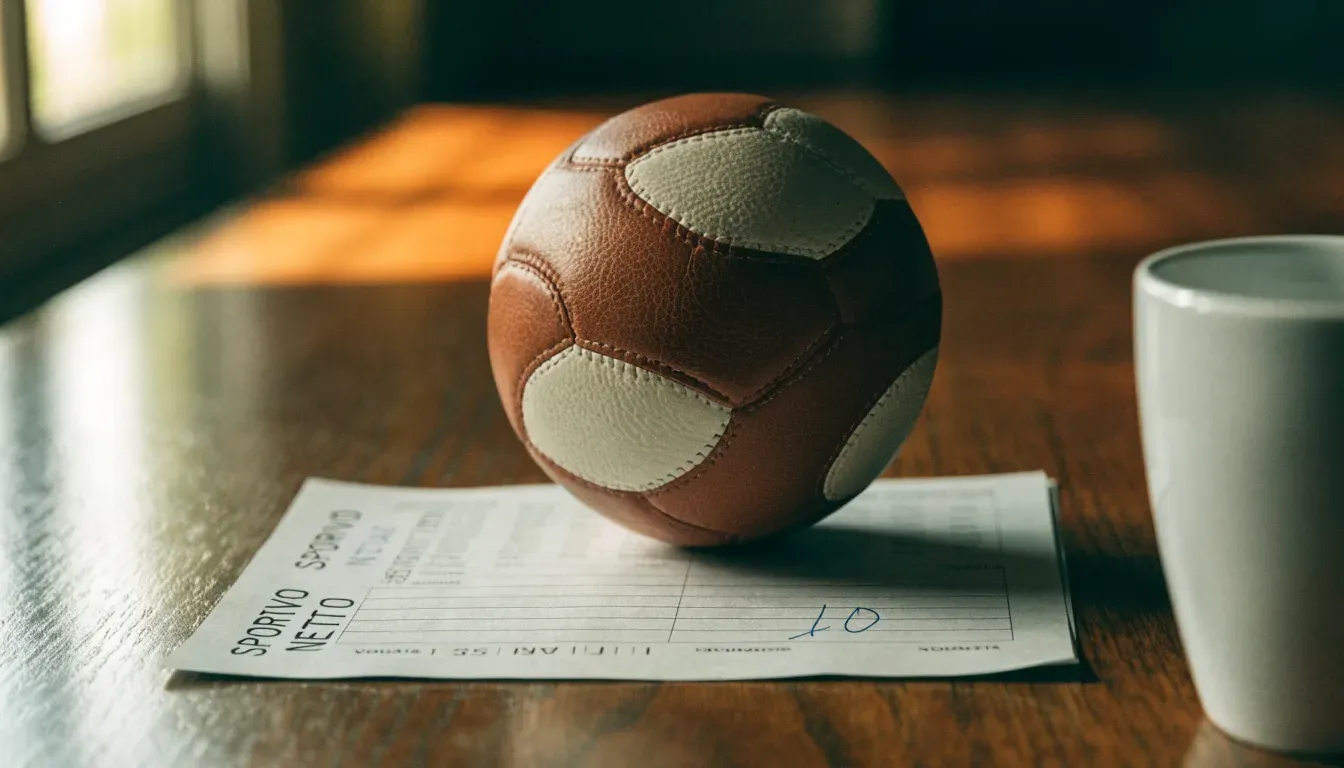 Un pallone da calcio appoggiato su una schedina bianca su un tavolo di legno, alla luce del giorno