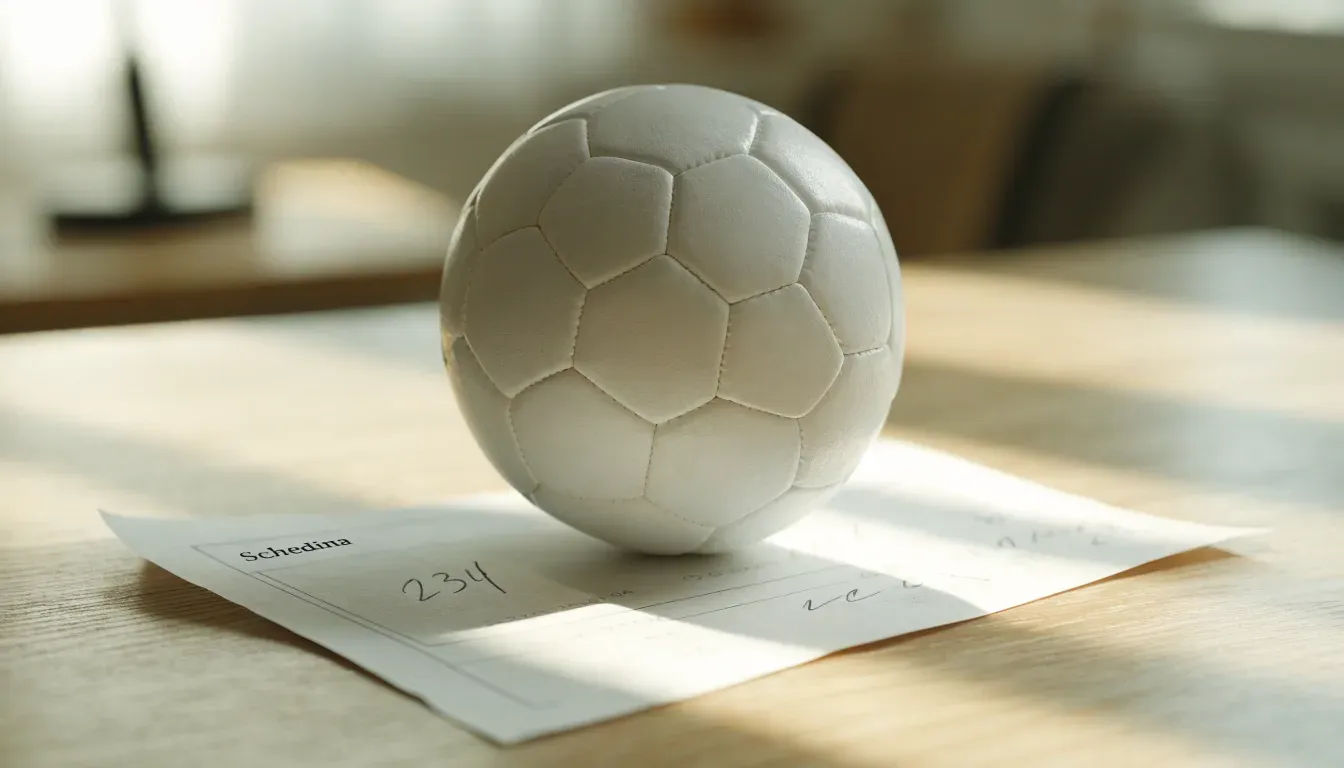 Un pallone da calcio appoggiato su una schedina bianca su un tavolo di legno, alla luce del giorno