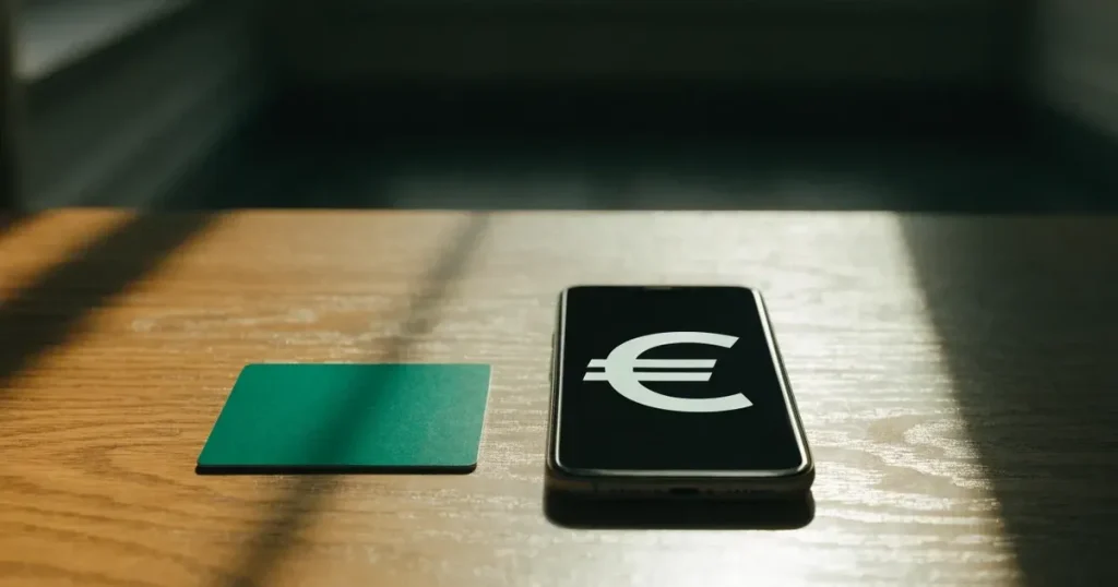 Uno smartphone e una carta di pagamento affiancati su un tavolo di legno, con alcune banconote da euro accanto