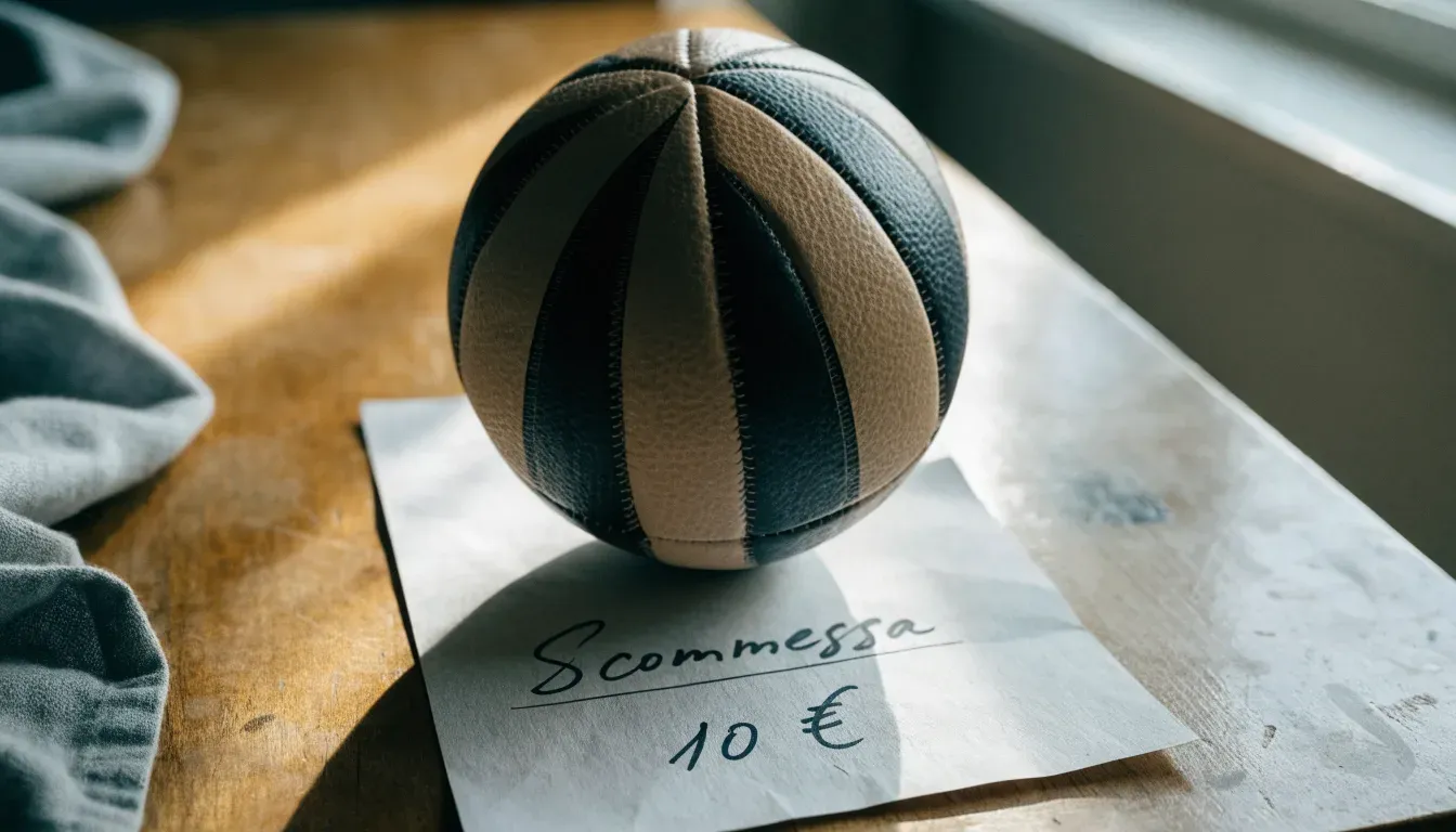 Un pallone da calcio appoggiato su una schedina bianca su un tavolo di legno, alla luce del giorno