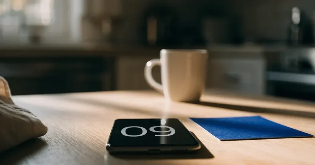 Un documento di identità appoggiato accanto a uno smartphone con un timer sullo schermo, su un tavolo da cucina