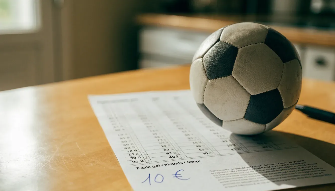 Un pallone da calcio appoggiato su una schedina bianca su un tavolo di legno, alla luce del giorno