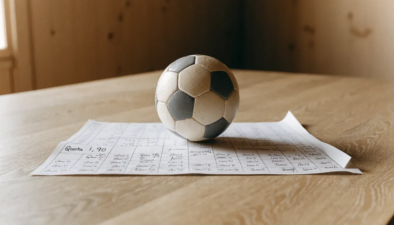 Un pallone da calcio appoggiato su una schedina bianca su un tavolo di legno, alla luce del giorno