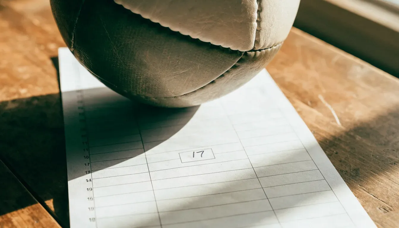 Un pallone da calcio appoggiato su una schedina bianca su un tavolo di legno, alla luce del giorno