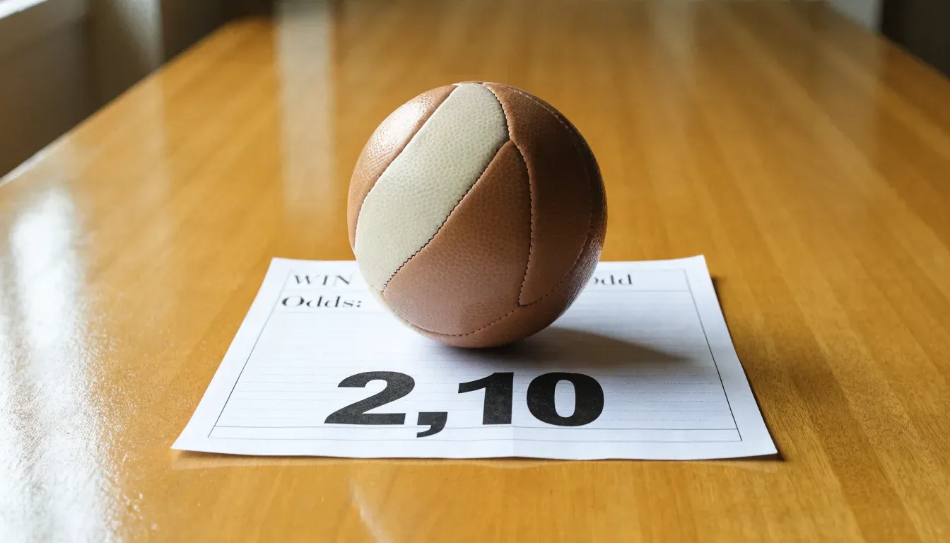 Un pallone da calcio appoggiato su una schedina bianca su un tavolo di legno, alla luce del giorno