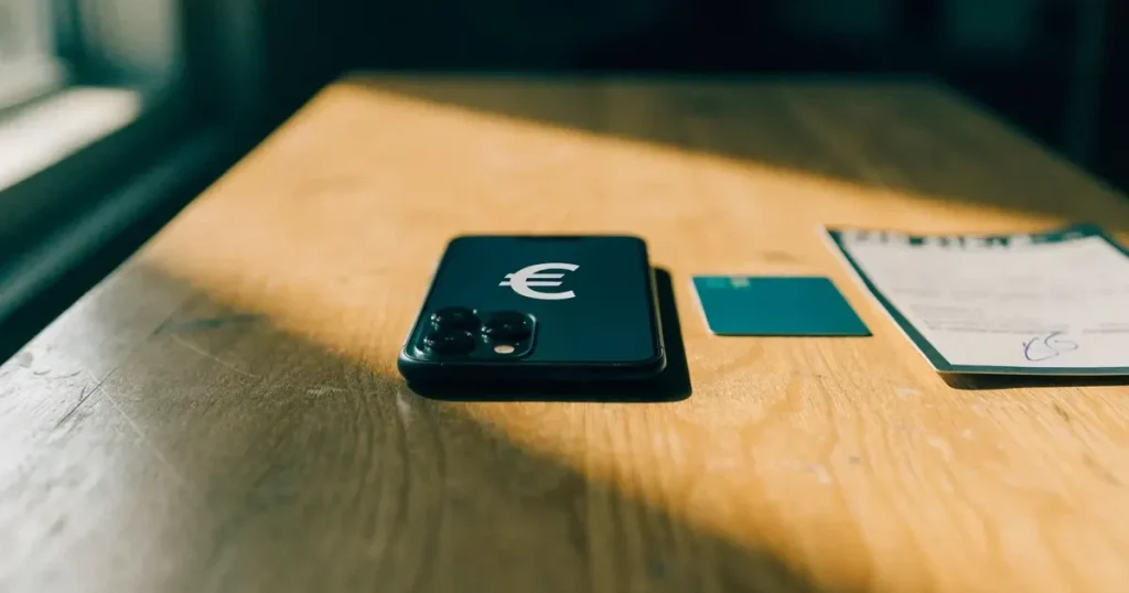 Uno smartphone e una carta di pagamento affiancati su un tavolo di legno, con alcune banconote da euro accanto