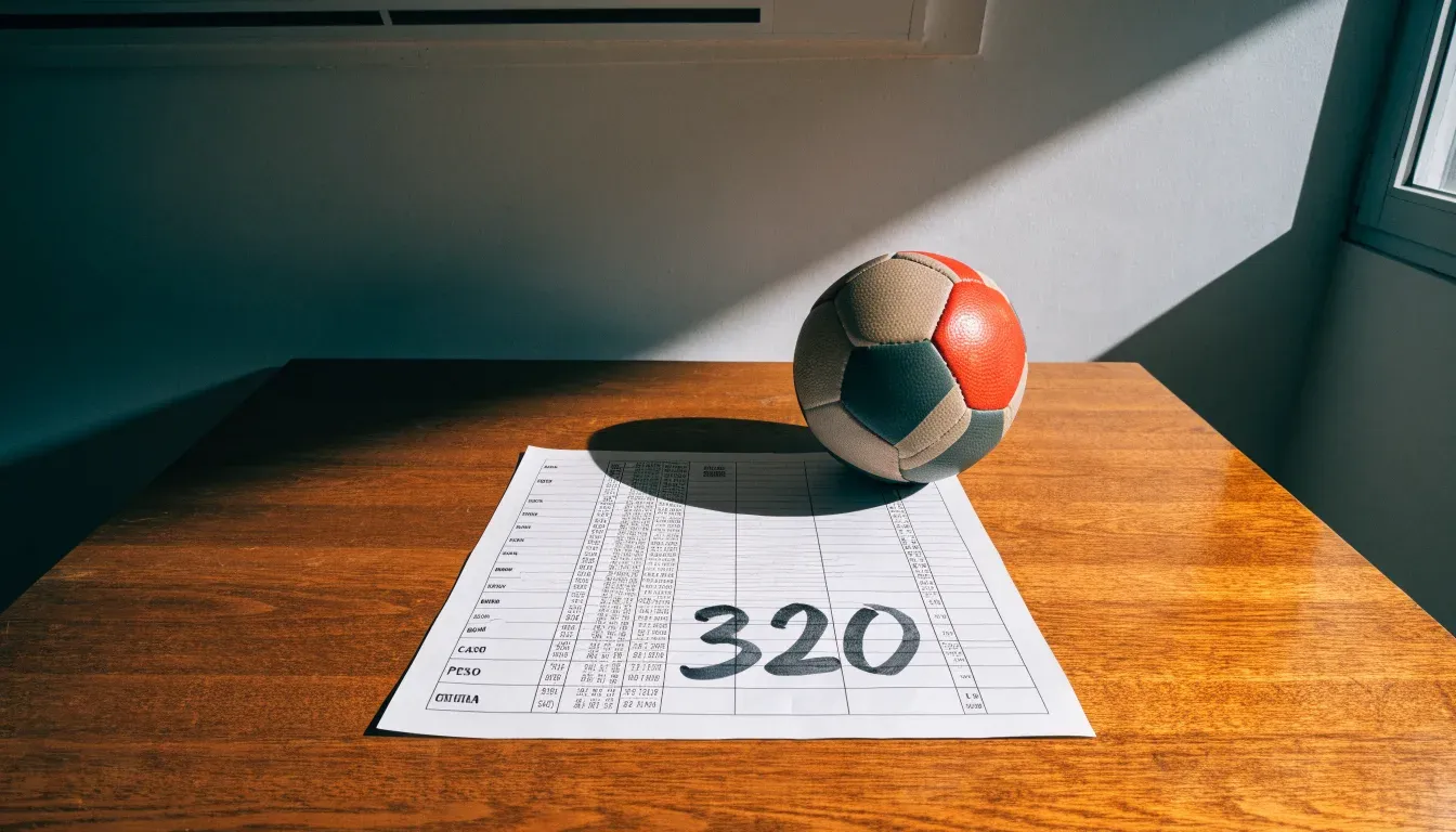 Un pallone da calcio appoggiato su una schedina bianca su un tavolo di legno, alla luce del giorno
