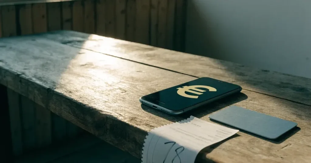 Uno smartphone e una carta di pagamento affiancati su un tavolo di legno, con alcune banconote da euro accanto