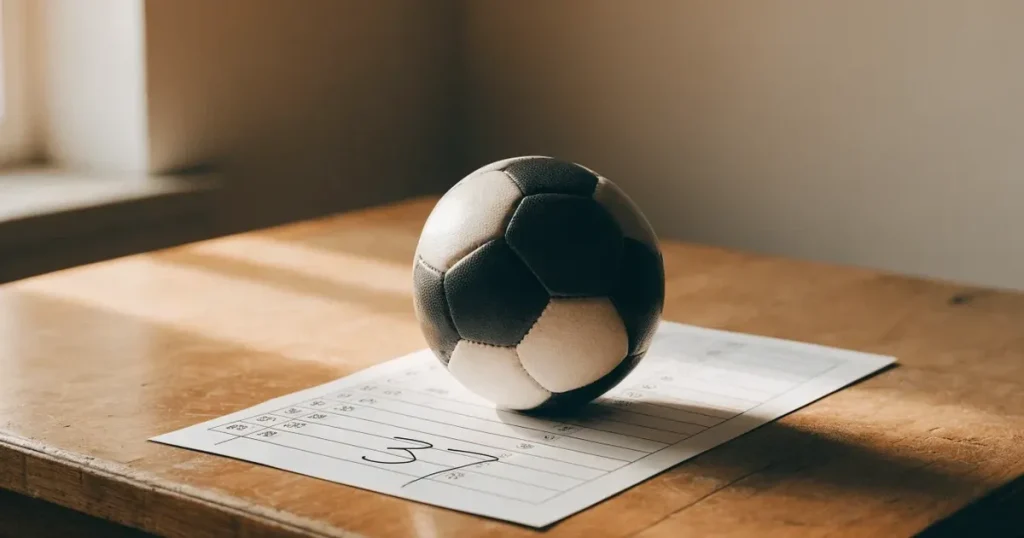 Un pallone da calcio appoggiato su una schedina bianca su un tavolo di legno, alla luce del giorno