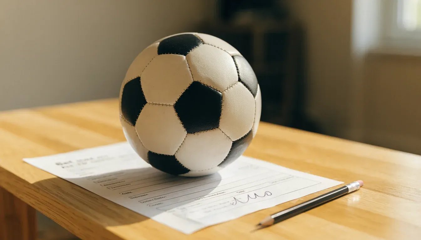 Un pallone da calcio appoggiato su una schedina bianca su un tavolo di legno, alla luce del giorno
