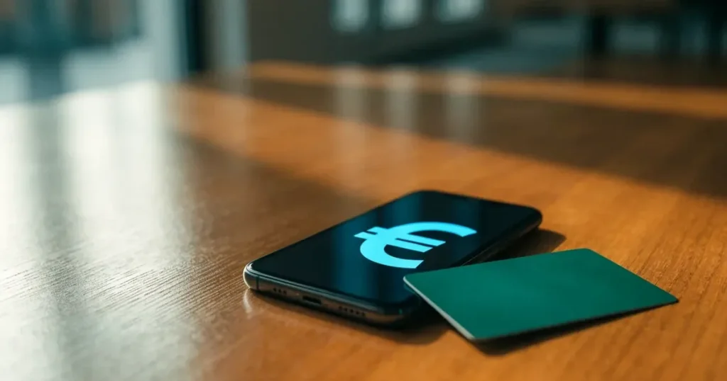 Uno smartphone e una carta di pagamento affiancati su un tavolo di legno, con alcune banconote da euro accanto