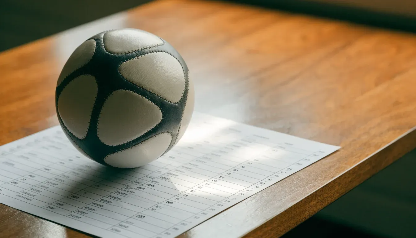 Un pallone da calcio appoggiato su una schedina bianca su un tavolo di legno, alla luce del giorno