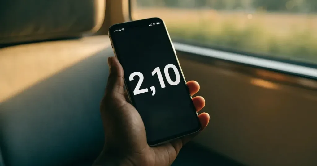 Una mano che tiene uno smartphone con una scommessa sullo schermo, su un treno nel tardo pomeriggio