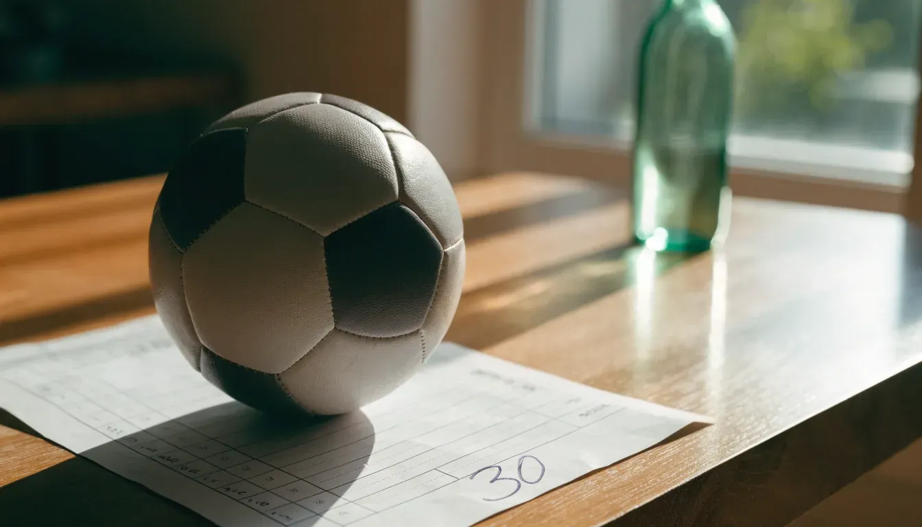 Un pallone da calcio appoggiato su una schedina bianca su un tavolo di legno, alla luce del giorno