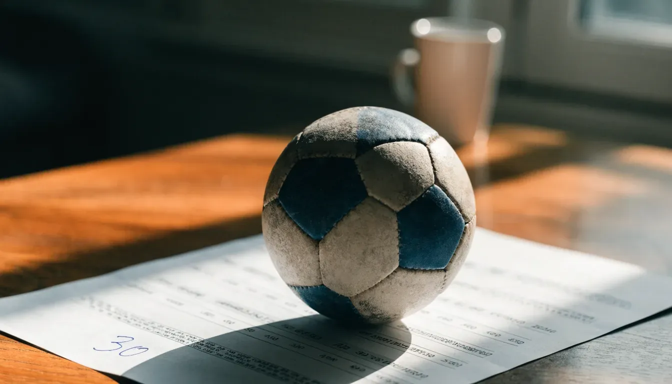 Un pallone da calcio appoggiato su una schedina bianca su un tavolo di legno, alla luce del giorno