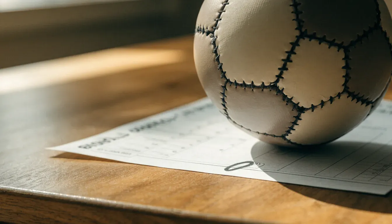 Un pallone da calcio appoggiato su una schedina bianca su un tavolo di legno, alla luce del giorno
