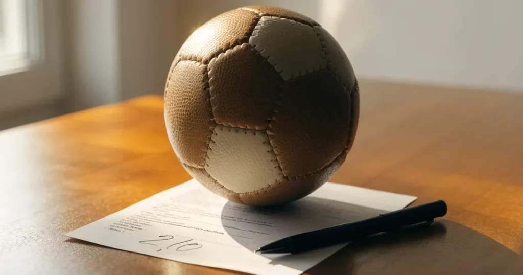 Un pallone da calcio appoggiato su una schedina bianca su un tavolo di legno, alla luce del giorno