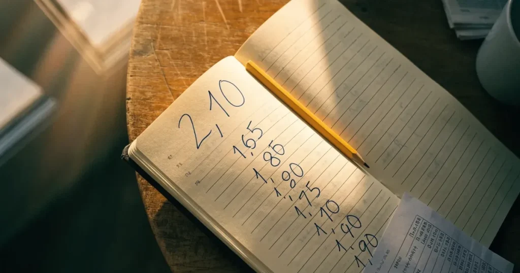 Un quaderno aperto con quote scritte a mano, una calcolatrice e una matita su un tavolo di legno