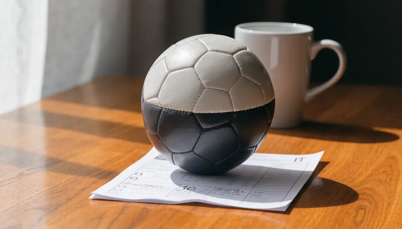 Un pallone da calcio appoggiato su una schedina bianca su un tavolo di legno, alla luce del giorno
