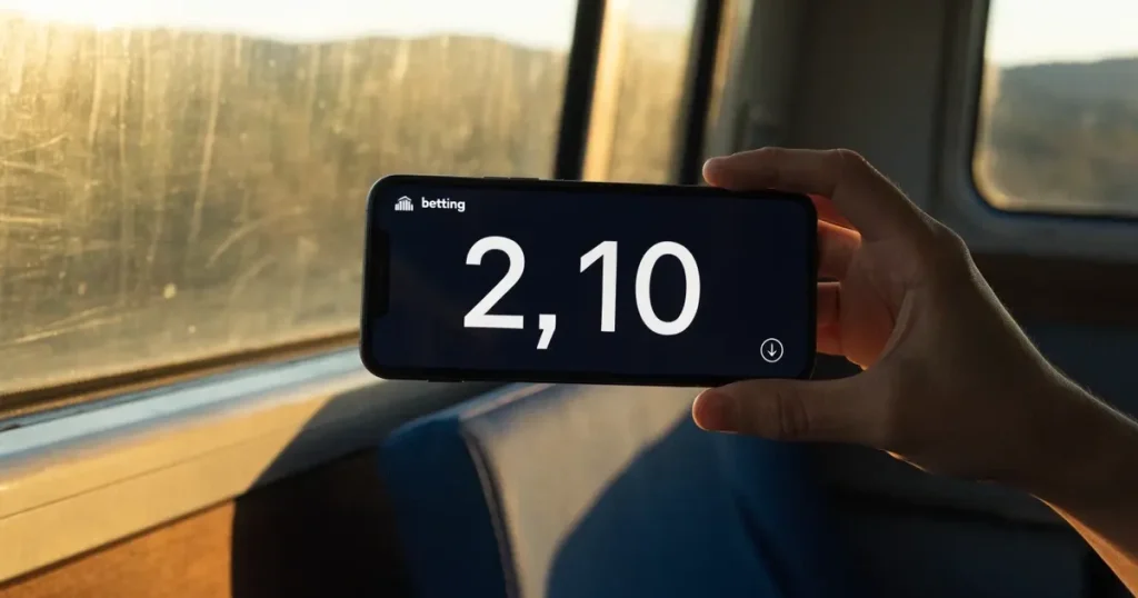 Una mano che tiene uno smartphone con una scommessa sullo schermo, su un treno nel tardo pomeriggio