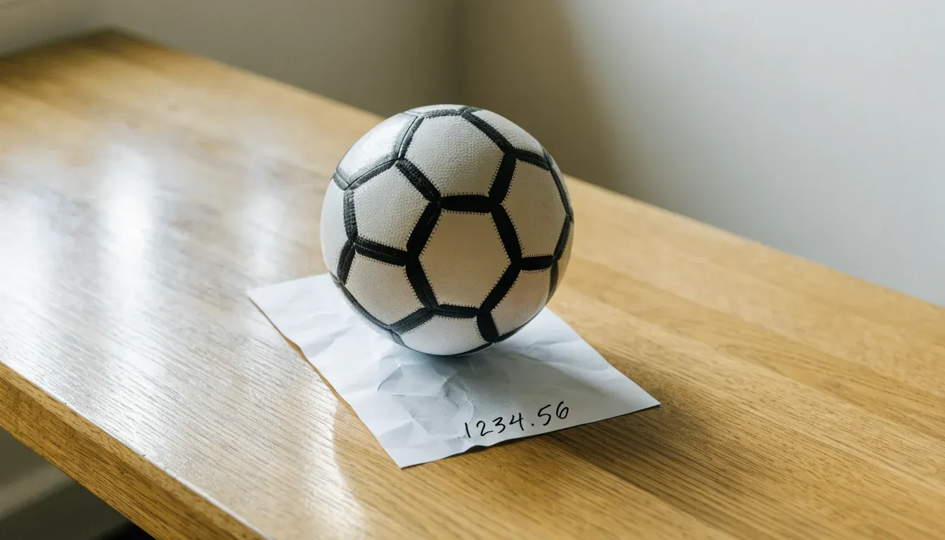 Un pallone da calcio appoggiato su una schedina bianca su un tavolo di legno, alla luce del giorno
