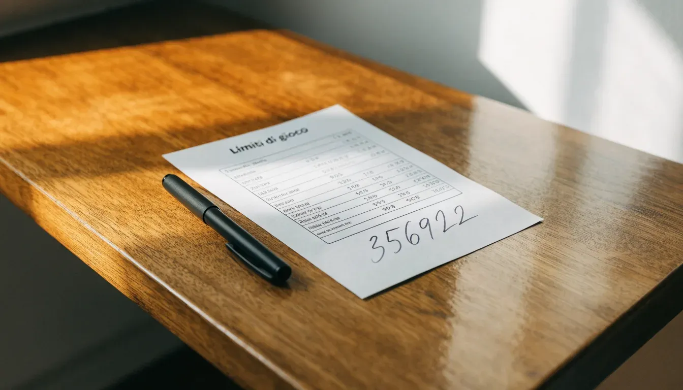 Un foglio di concessione in carta con un timbro rosso, appoggiato su una scrivania di legno accanto a una penna