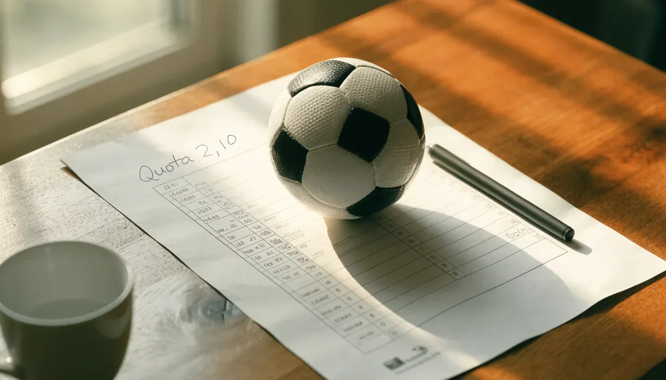 Un pallone da calcio appoggiato su una schedina bianca su un tavolo di legno, alla luce del giorno