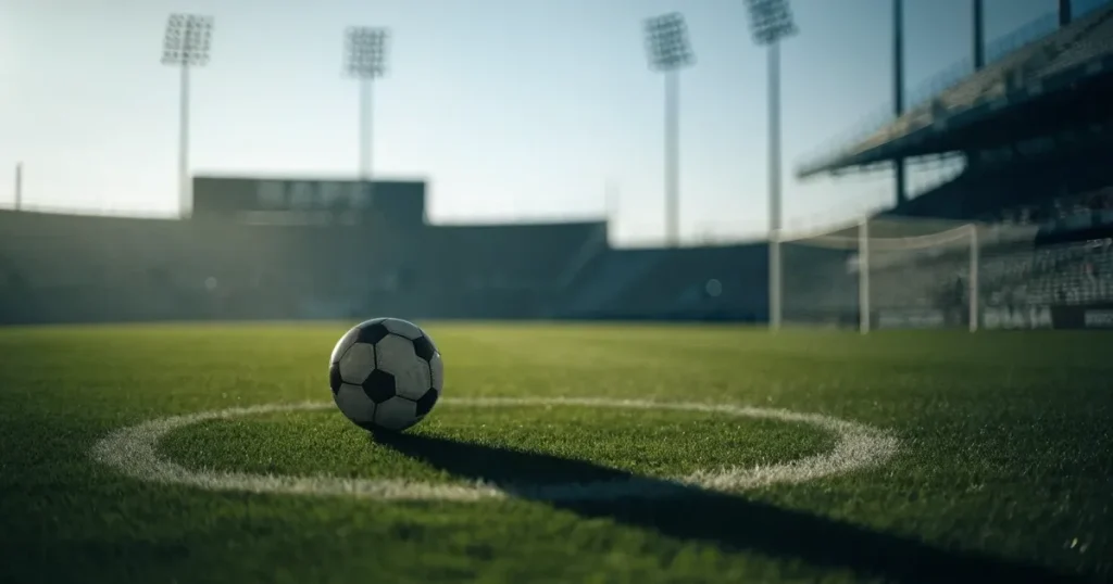 Un pallone da calcio sul dischetto del centrocampo di un prato, alla luce del mattino