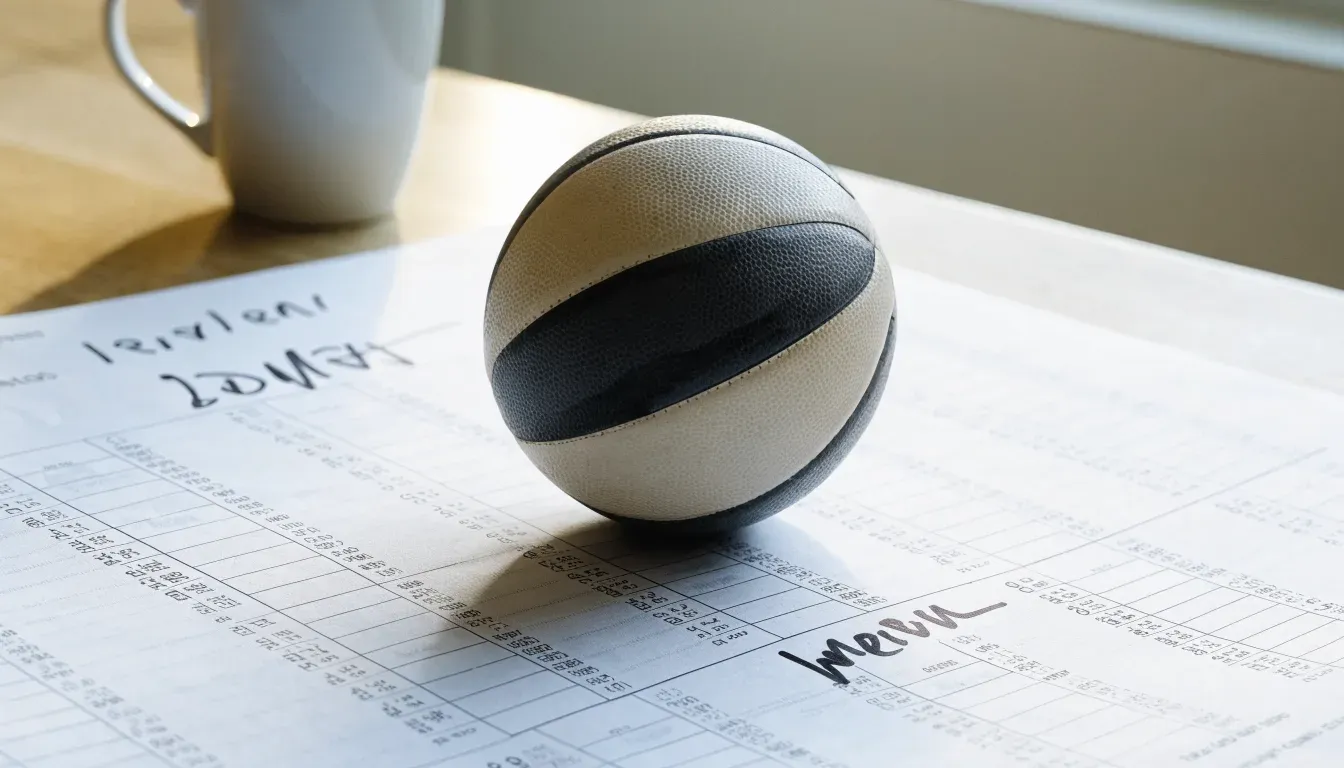 Un pallone da calcio appoggiato su una schedina bianca su un tavolo di legno, alla luce del giorno