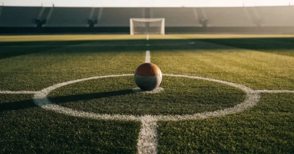 Un pallone da calcio sul dischetto del centrocampo di un prato, alla luce del mattino