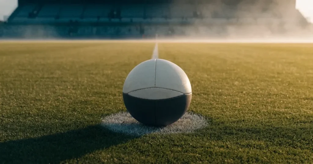 Un pallone da calcio sul dischetto del centrocampo di un prato, alla luce del mattino