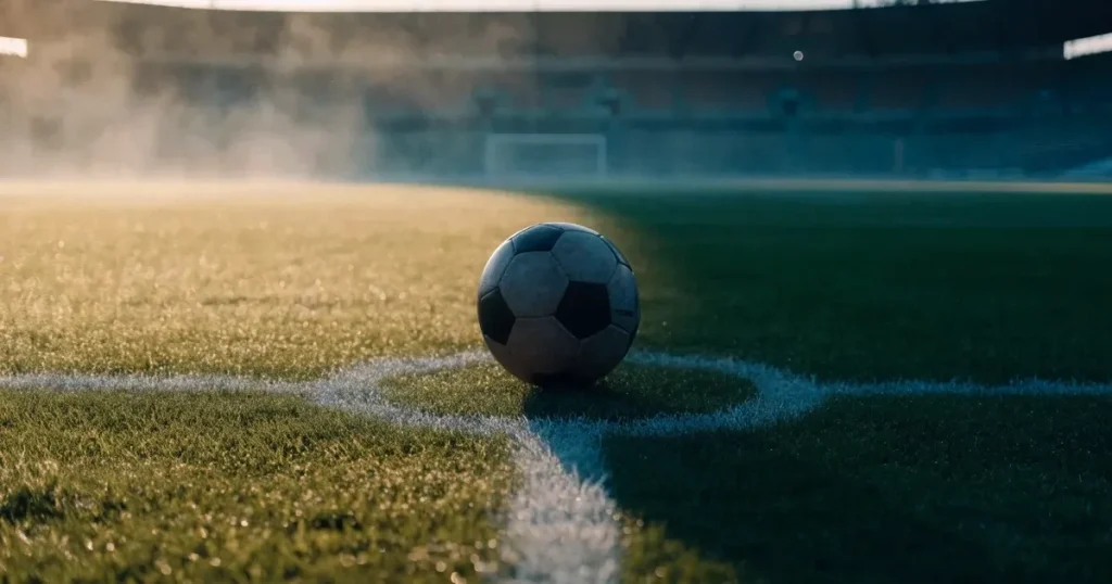 Un pallone da calcio sul dischetto del centrocampo di un prato, alla luce del mattino