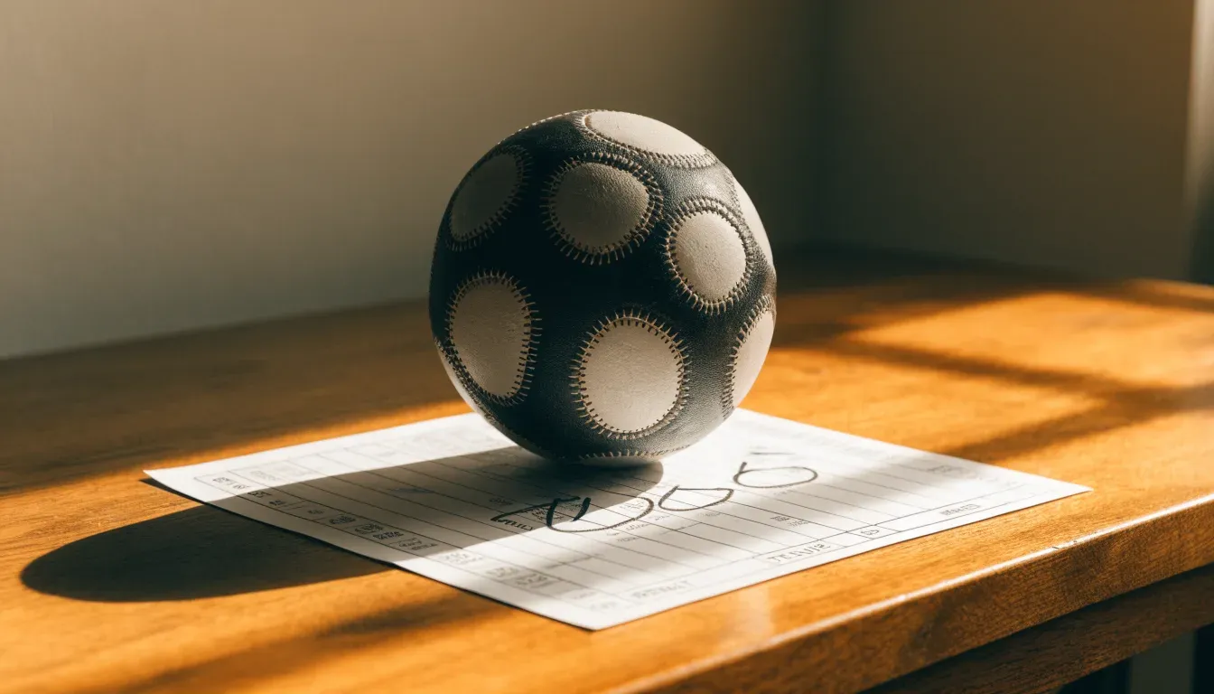 Un pallone da calcio appoggiato su una schedina bianca su un tavolo di legno, alla luce del giorno