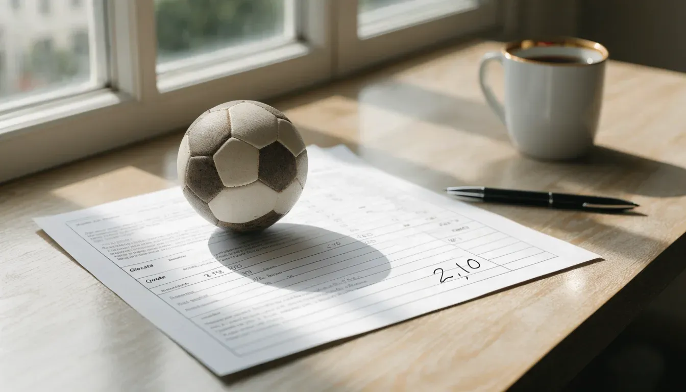 Un pallone da calcio appoggiato su una schedina bianca su un tavolo di legno, alla luce del giorno