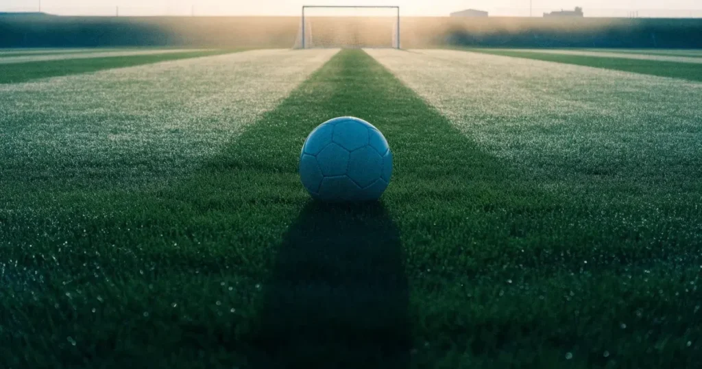 Un pallone da calcio sul dischetto del centrocampo di un prato, alla luce del mattino