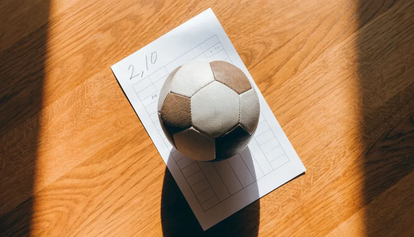 Un pallone da calcio appoggiato su una schedina bianca su un tavolo di legno, alla luce del giorno