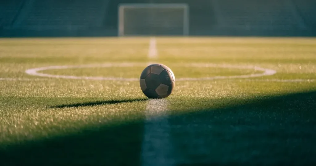 Un pallone da calcio sul dischetto del centrocampo di un prato, alla luce del mattino