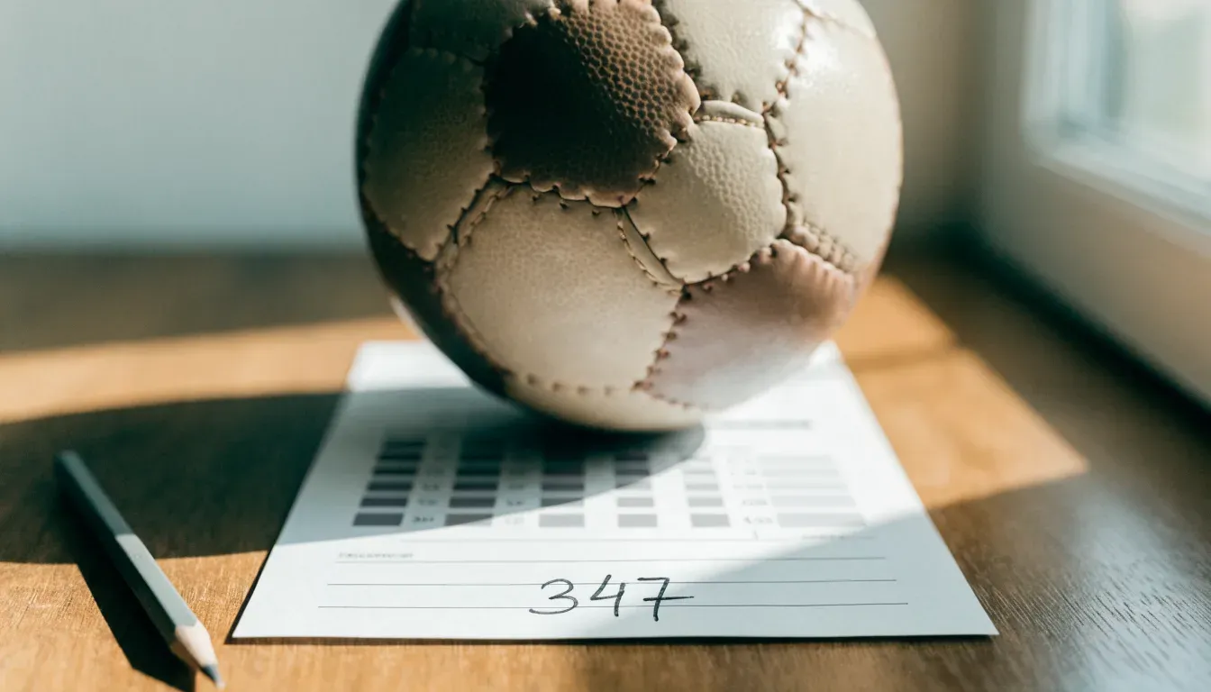 Un pallone da calcio appoggiato su una schedina bianca su un tavolo di legno, alla luce del giorno