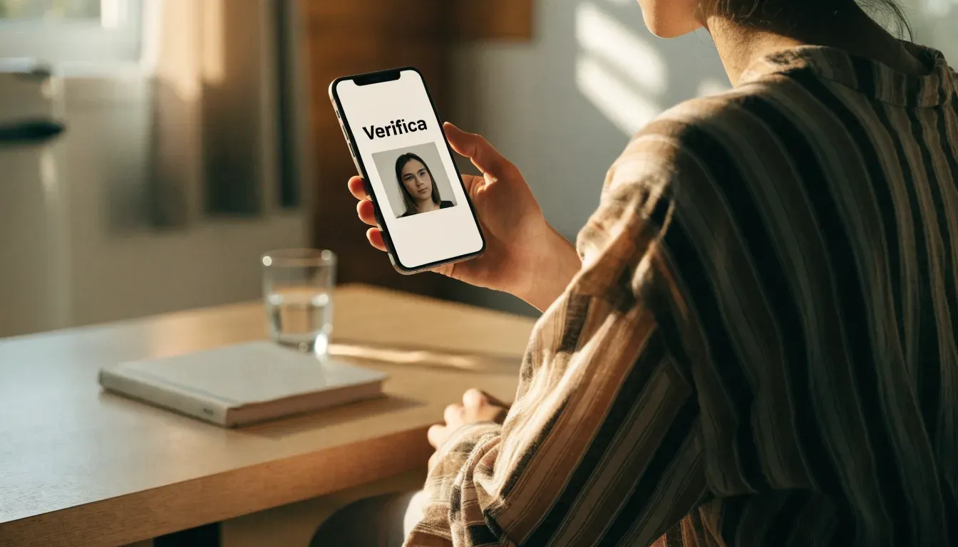 Un documento di identità appoggiato accanto a uno smartphone con un timer sullo schermo, su un tavolo da cucina
