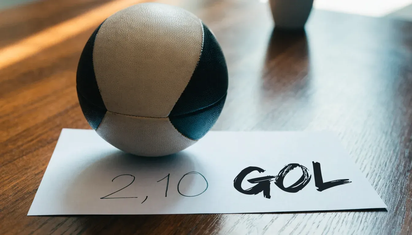 Un pallone da calcio appoggiato su una schedina bianca su un tavolo di legno, alla luce del giorno