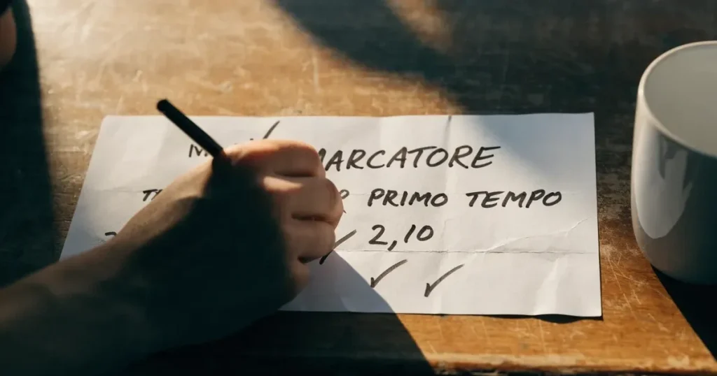Una schedina con diverse selezioni segnate a penna su un bancone di legno