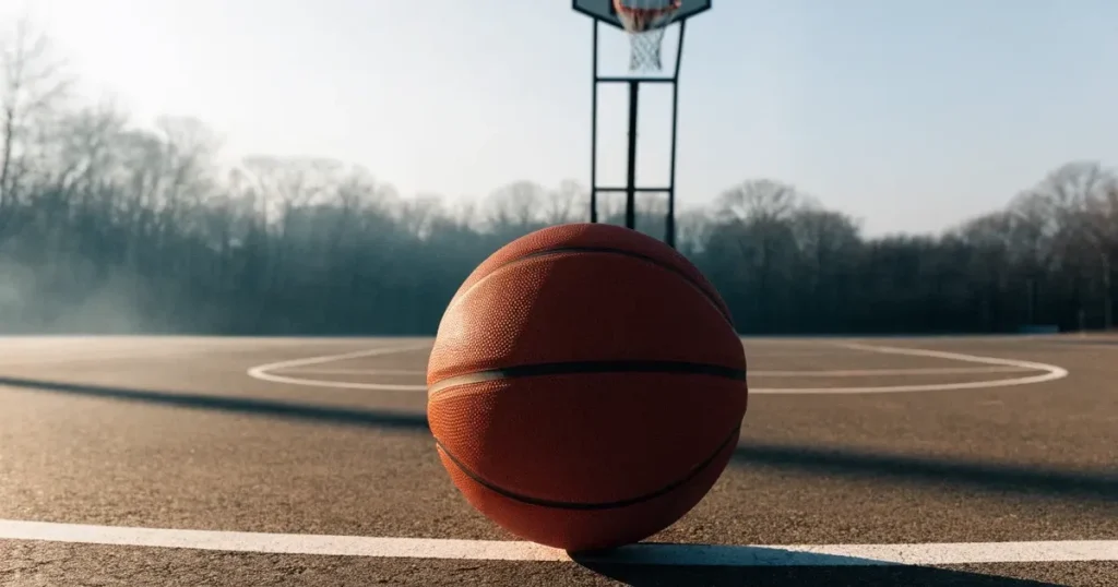 Un pallone da calcio sul dischetto del centrocampo di un prato, alla luce del mattino