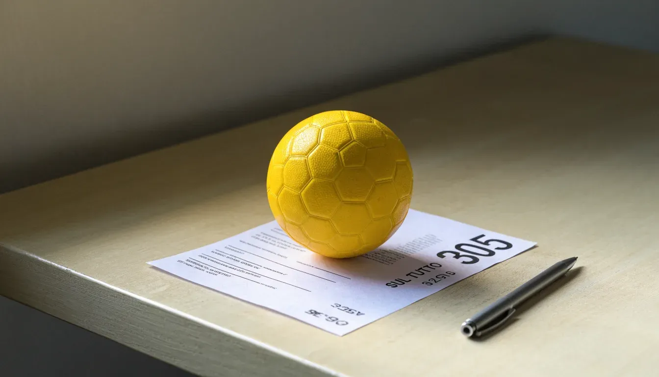 Un pallone da calcio appoggiato su una schedina bianca su un tavolo di legno, alla luce del giorno