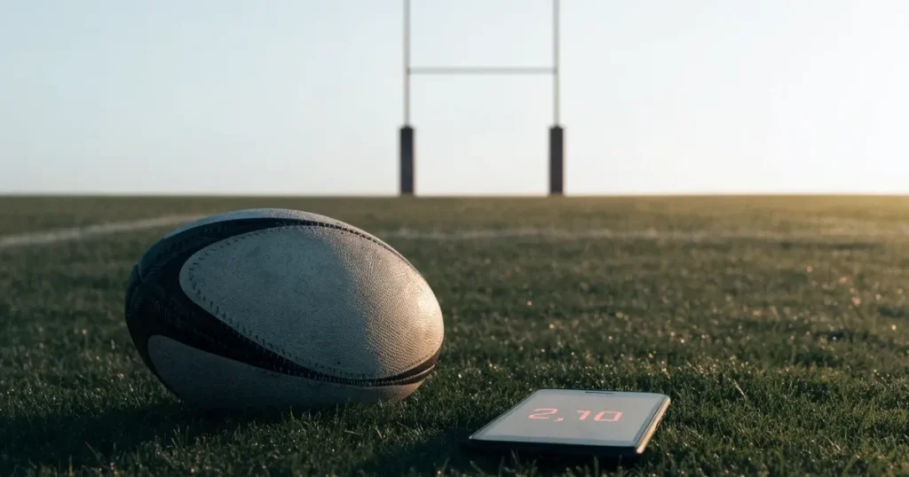 Un pallone da calcio sul dischetto del centrocampo di un prato, alla luce del mattino