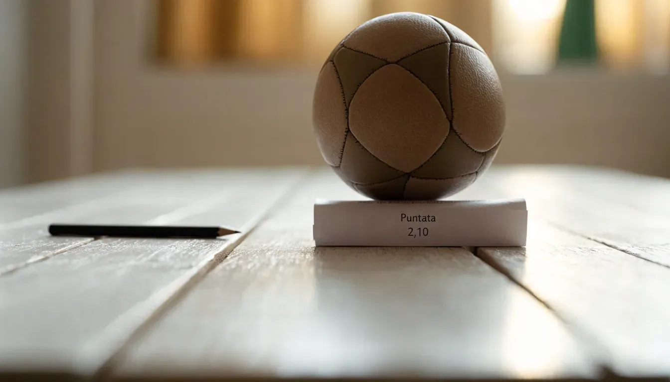 Un pallone da calcio appoggiato su una schedina bianca su un tavolo di legno, alla luce del giorno