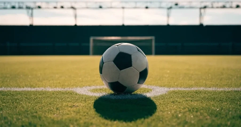Un pallone da calcio sul dischetto del centrocampo di un prato, alla luce del mattino