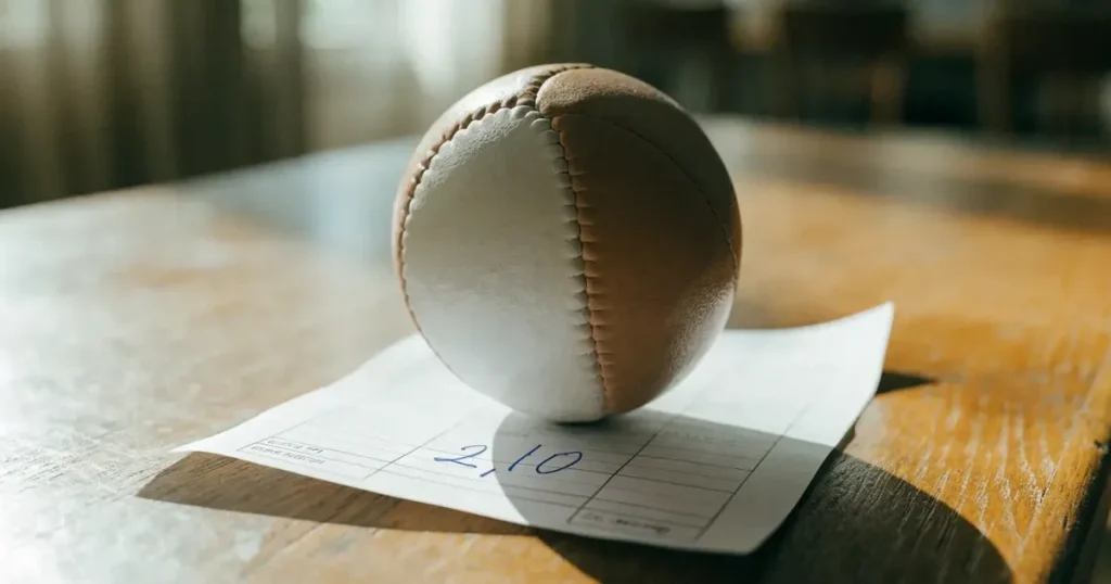 Un pallone da calcio appoggiato su una schedina bianca su un tavolo di legno, alla luce del giorno