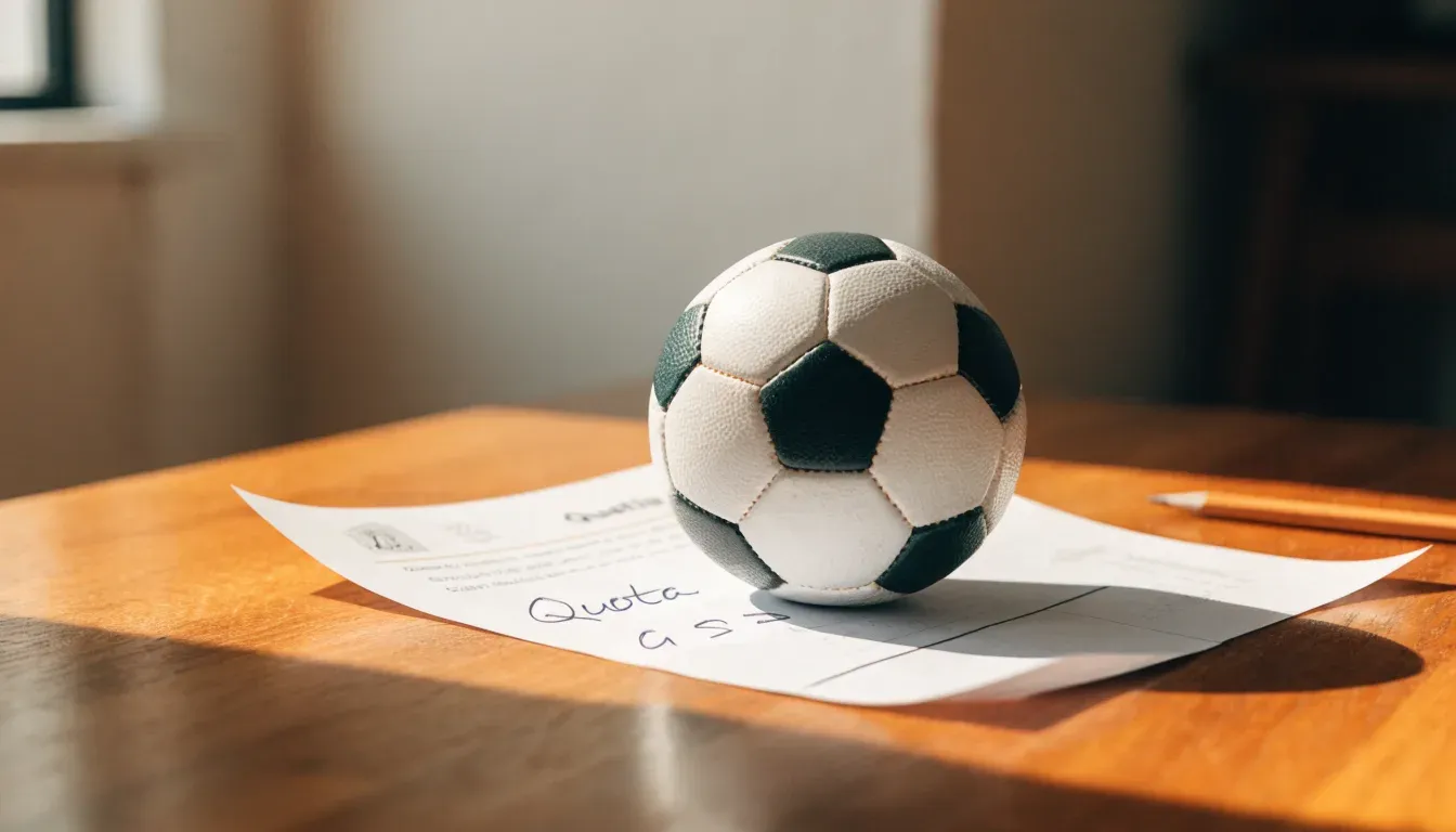 Un pallone da calcio appoggiato su una schedina bianca su un tavolo di legno, alla luce del giorno