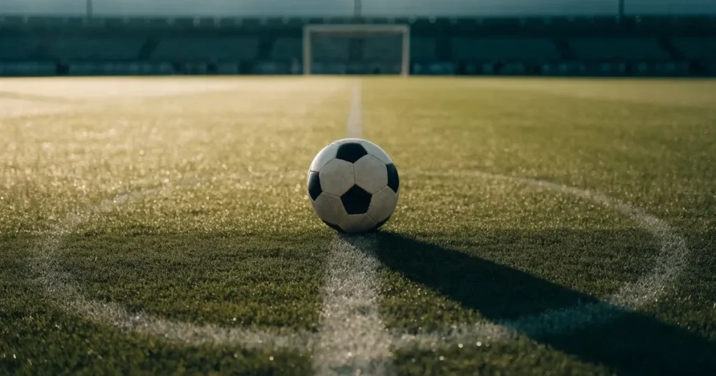 Un pallone da calcio sul dischetto del centrocampo di un prato, alla luce del mattino